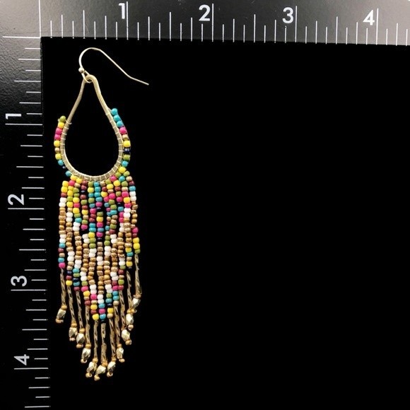 Multicolor Random Seed Bead Long Tassel Handmade Statement Dangle Earrings - Picture 2 of 3